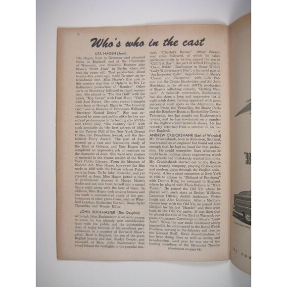 Saint Joan Playbill October 1951 Cort Theatre Uta Hagen Bernard Shaw Webster - Picture 5 of 6